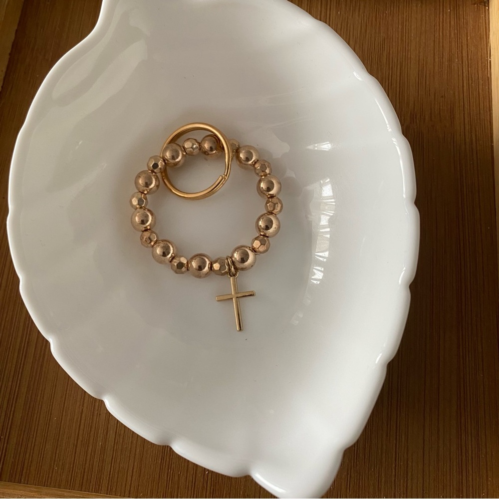 Rose Gold Beaded Cross Charm Bracelet - Elegant Religious Rosary Favor SET OF 2